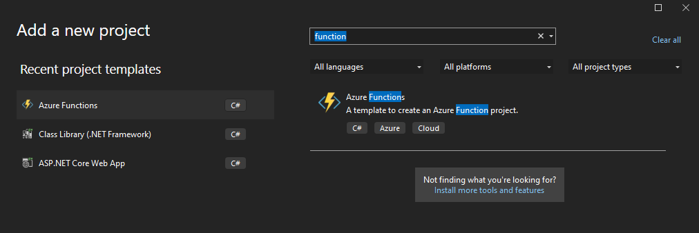 Screengrab of Visual Studio showing the "add a new project" screen with Azure Function selected