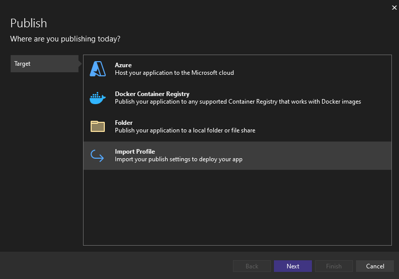 Visual Studio screengrab: import profile is selected on the Publish window