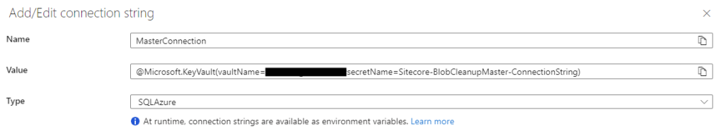 Screengrab: setting the connection string to a Key Vault reference