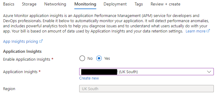 Screengrab of the Monitoring step in creating a Function App. An existing Application Insights account is selected.