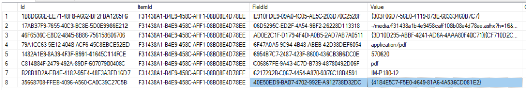 Result of a SQL query showing the field values of a single media item. The blob field value is highlighted