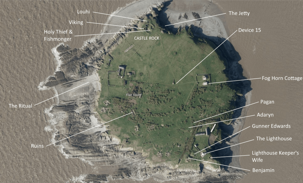 a map of Flat Holm island showing the locations of each of the beasts.